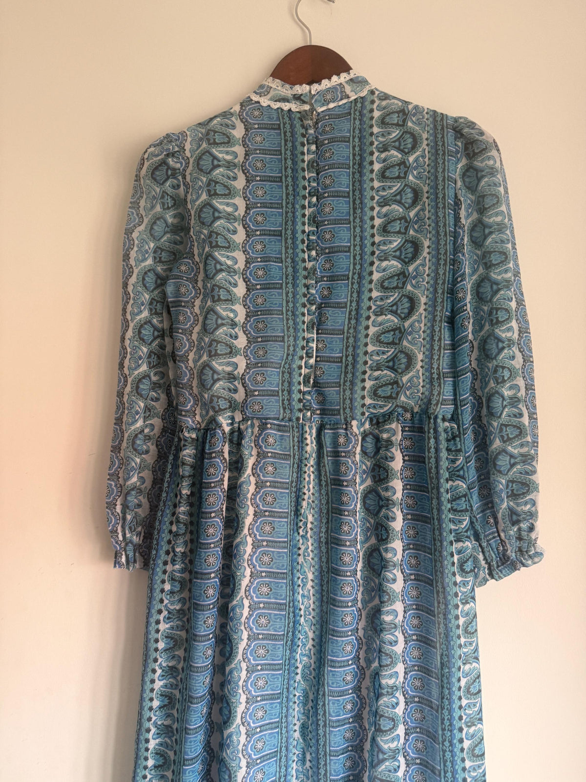Vintage 1970s Blue Paisley Maxi Dress – Dacron Prairie Dress, Lace Trim High Neck, Cottagecore Folk Dress