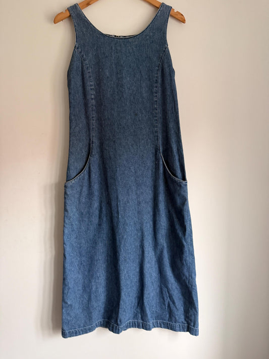 Vintage 1990s Blue Denim Maxi Dress – Sleeveless Pinafore Dress with Large Pockets