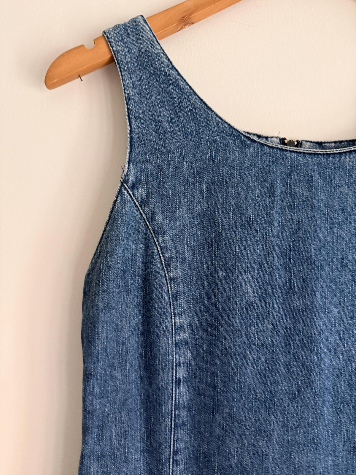 Vintage 1990s Blue Denim Maxi Dress – Sleeveless Pinafore Dress with Large Pockets