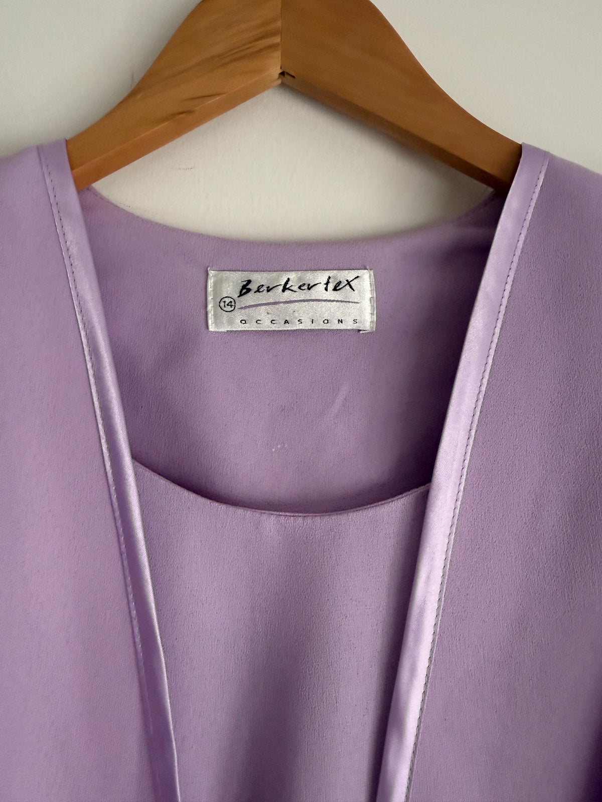 Vintage 1980s Berkertex Occasions Lilac Maxi Dress UK 14 – Draped Peplum Belted Evening Gown