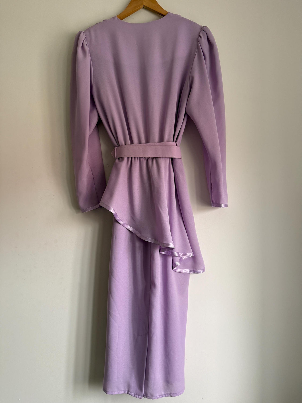 Vintage 1980s Berkertex Occasions Lilac Maxi Dress UK 14 – Draped Peplum Belted Evening Gown