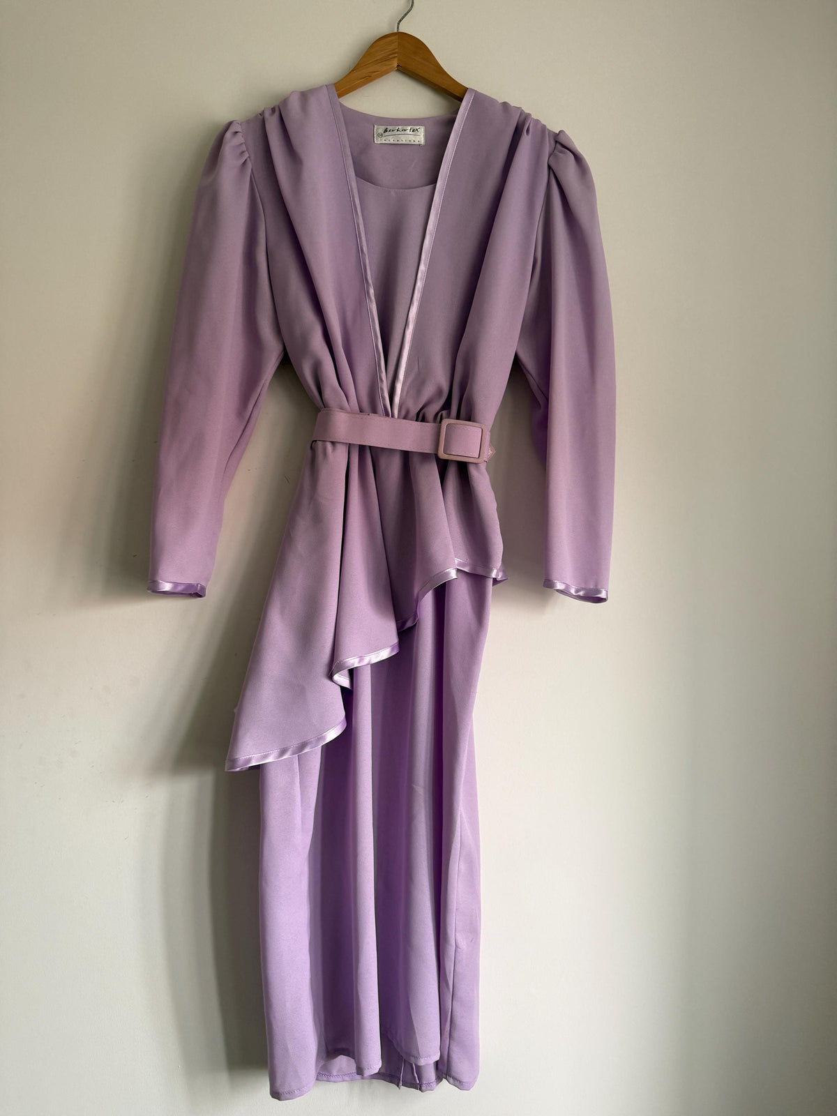 Vintage 1980s Berkertex Occasions Lilac Maxi Dress UK 14 – Draped Peplum Belted Evening Gown