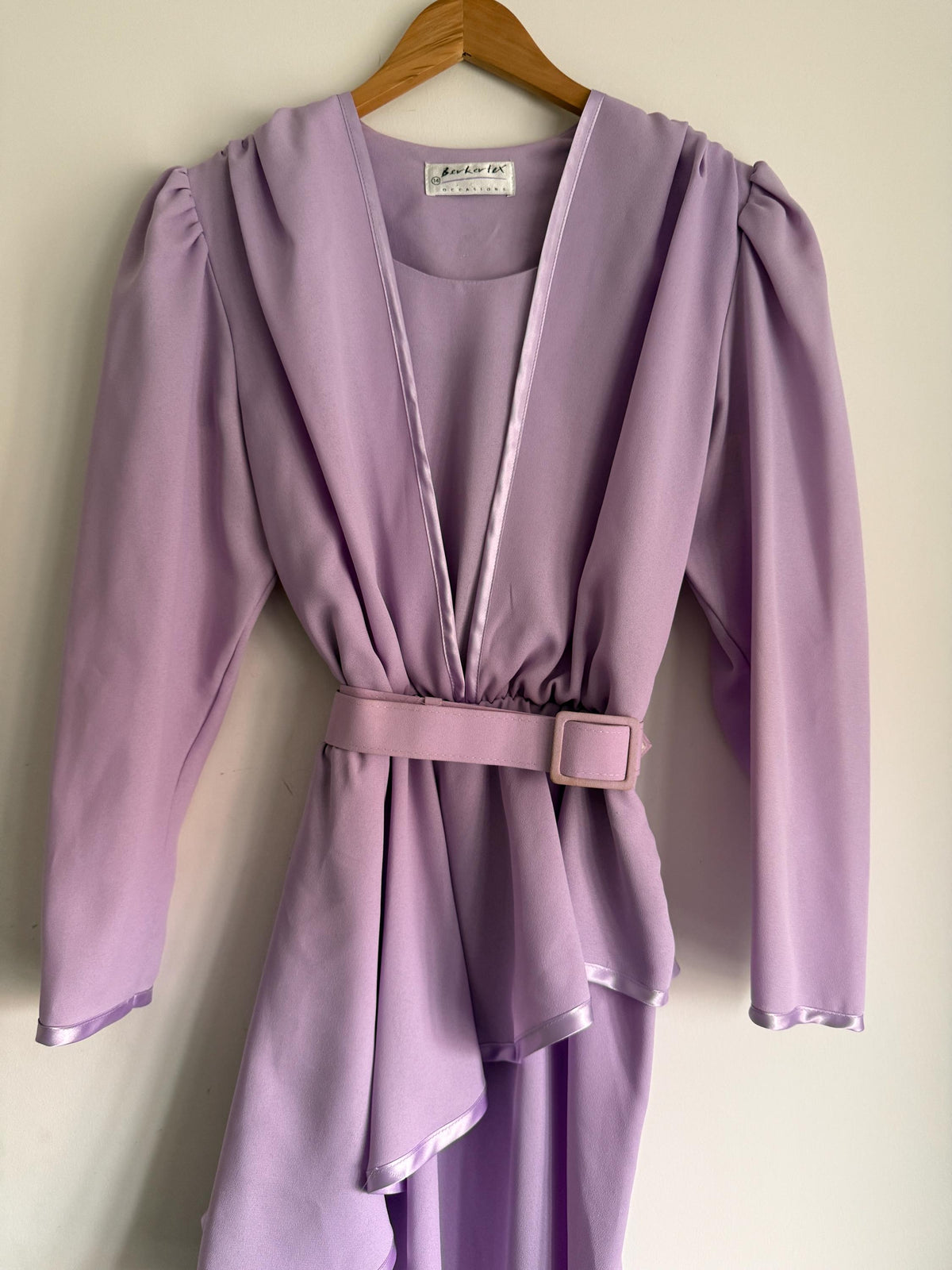 Vintage 1980s Berkertex Occasions Lilac Maxi Dress UK 14 – Draped Peplum Belted Evening Gown