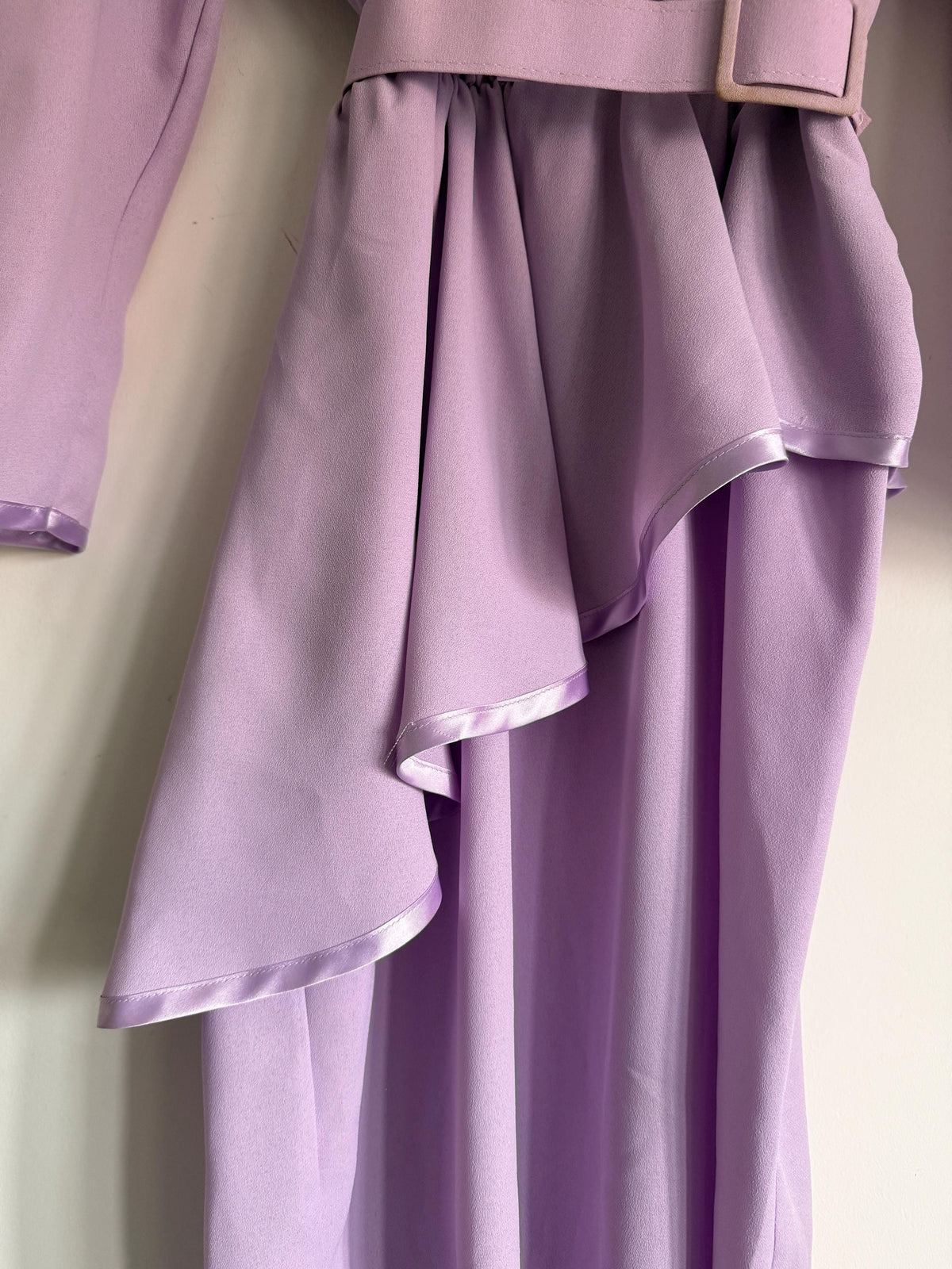 Vintage 1980s Berkertex Occasions Lilac Maxi Dress UK 14 – Draped Peplum Belted Evening Gown