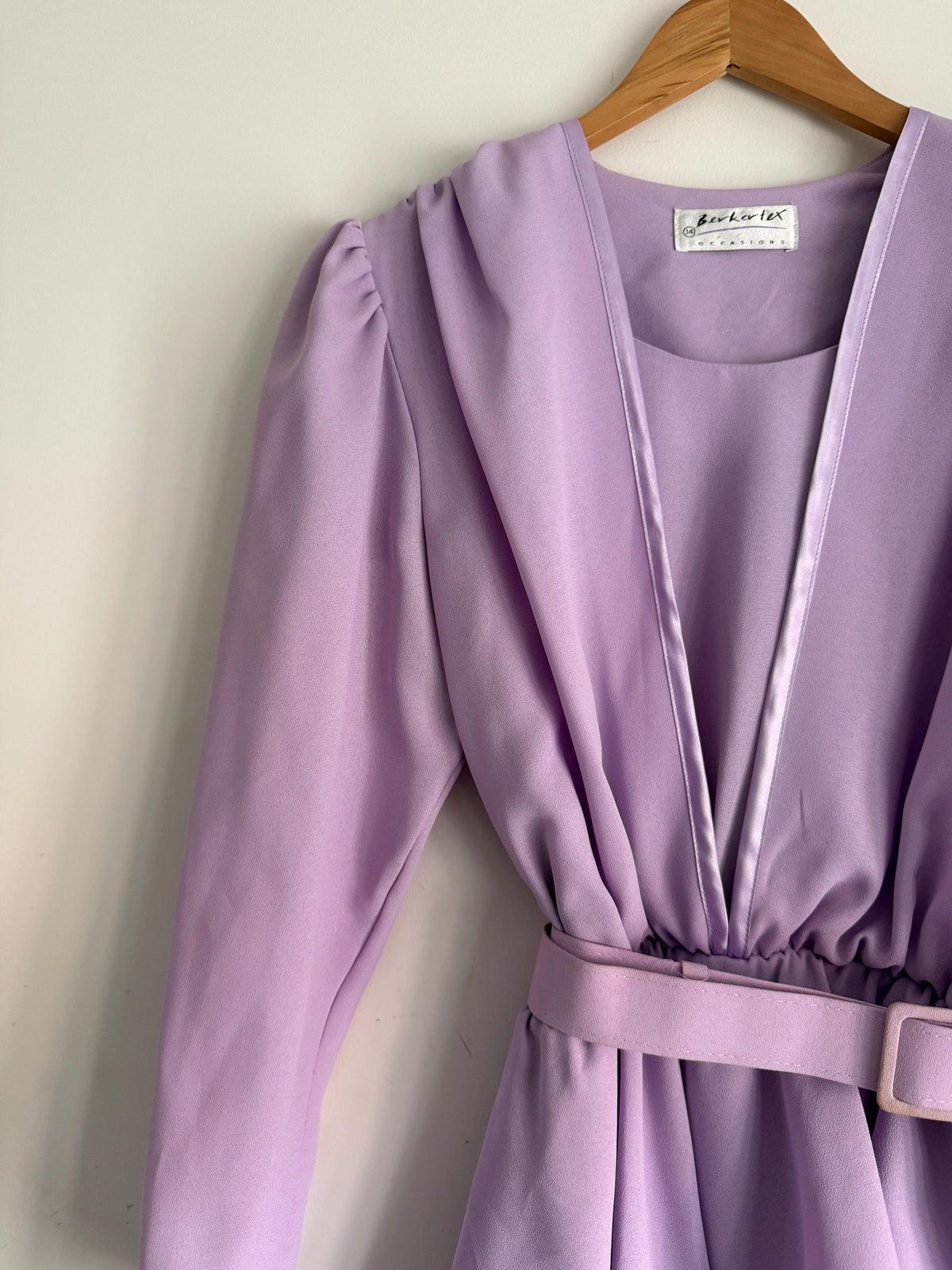 Vintage 1980s Berkertex Occasions Lilac Maxi Dress UK 14 – Draped Peplum Belted Evening Gown