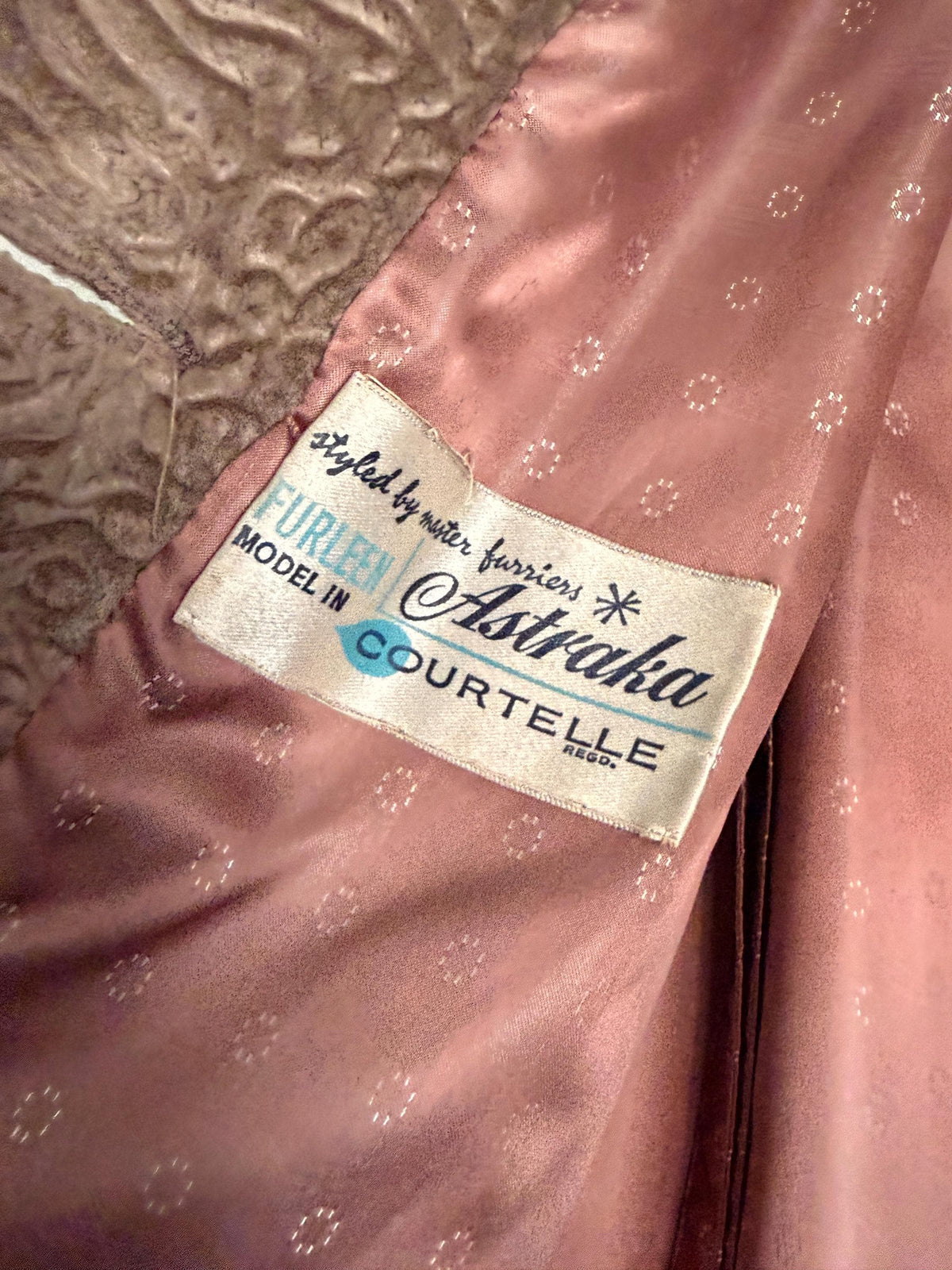 Vintage Astraka Faux Fur Coat, Taupe Faux Astrakhan, Courtelle Furleen, Plush Collar & Pink Lining - appears unworn
