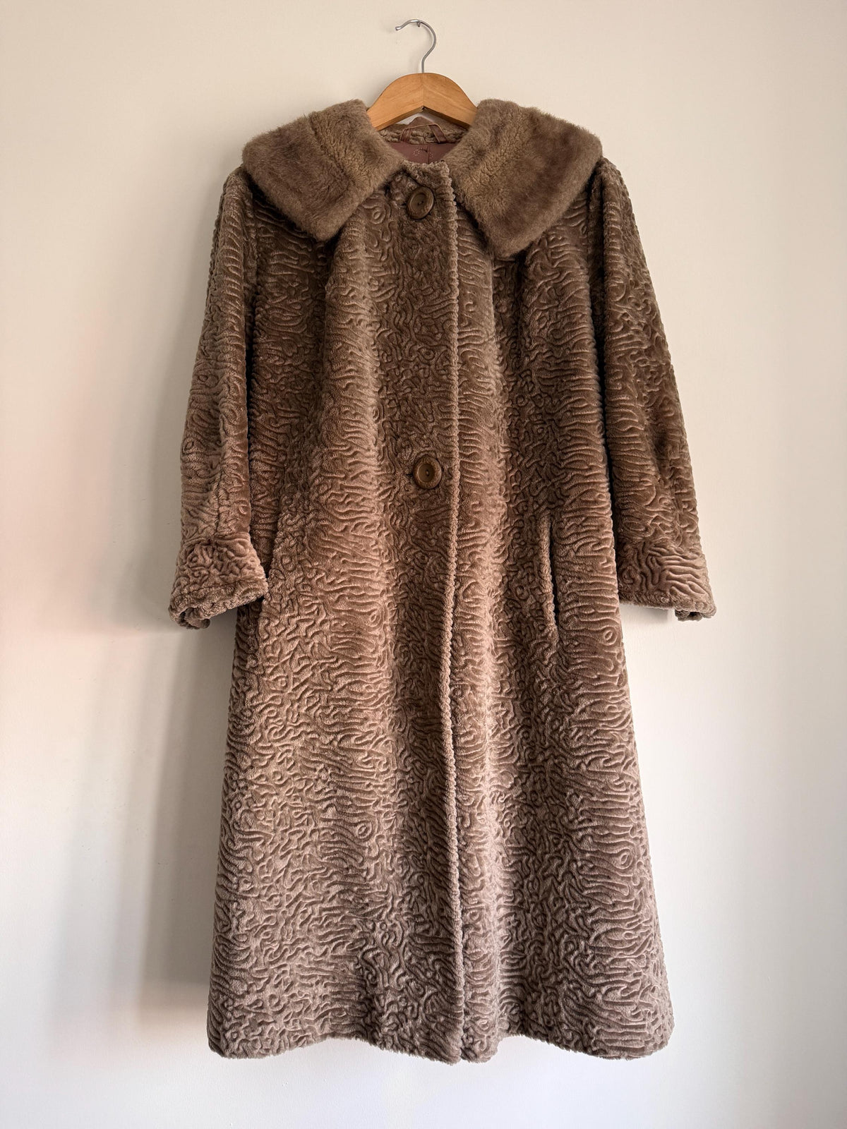 Vintage Astraka Faux Fur Coat, Taupe Faux Astrakhan, Courtelle Furleen, Plush Collar & Pink Lining - appears unworn