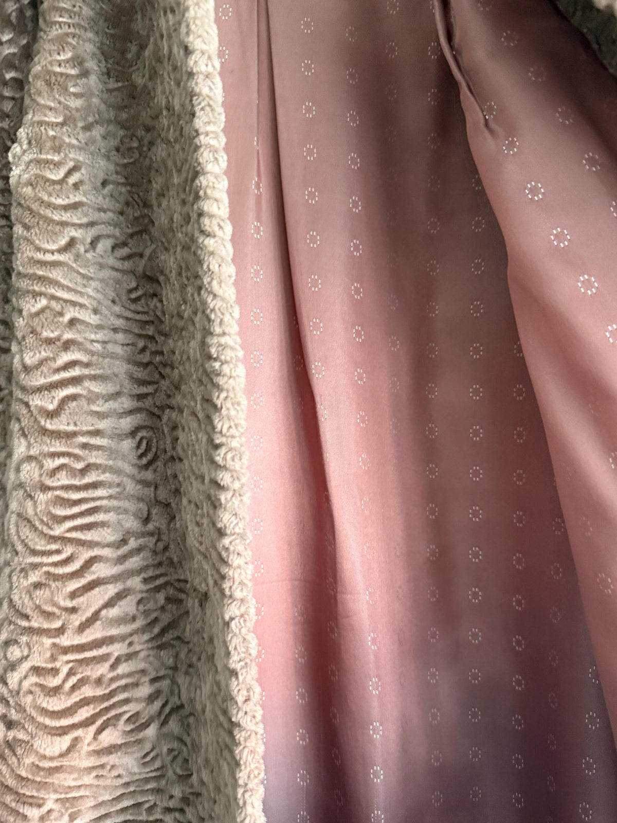 Vintage Astraka Faux Fur Coat, Taupe Faux Astrakhan, Courtelle Furleen, Plush Collar & Pink Lining - appears unworn