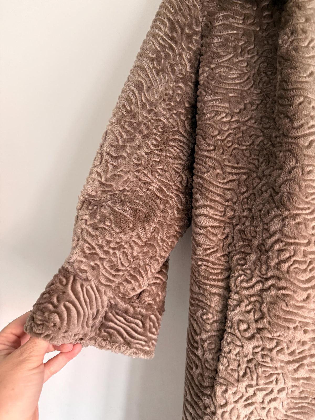 Vintage Astraka Faux Fur Coat, Taupe Faux Astrakhan, Courtelle Furleen, Plush Collar & Pink Lining - appears unworn