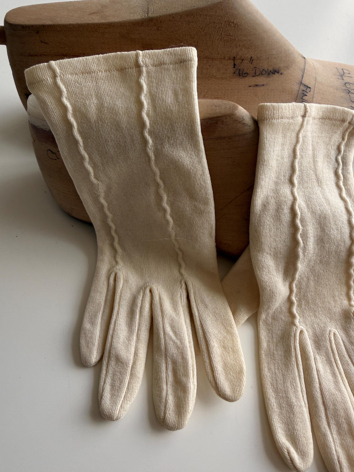 Vintage Cream Fabric Gloves with Decorative Stitching XS Extra Small