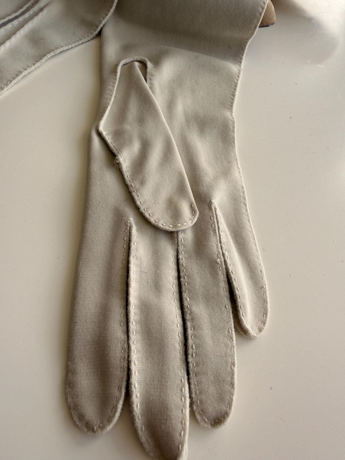 Vintage Light Grey Fabric Gauntlet Gloves with Three Stitched Lines