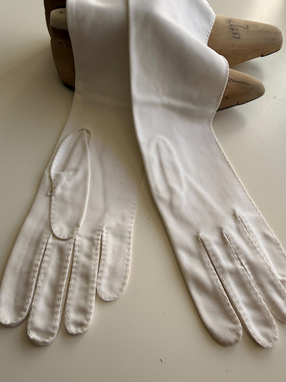 Vintage White Long Gloves with Stitched Edging and Neyret Packaging