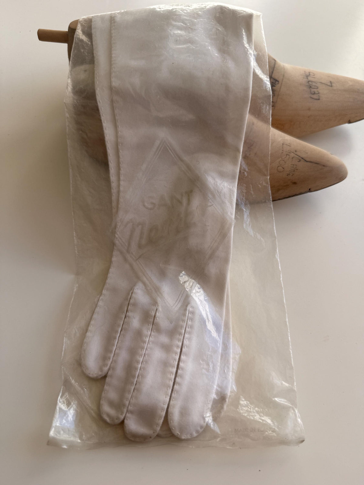 Vintage White Long Gloves with Stitched Edging and Neyret Packaging