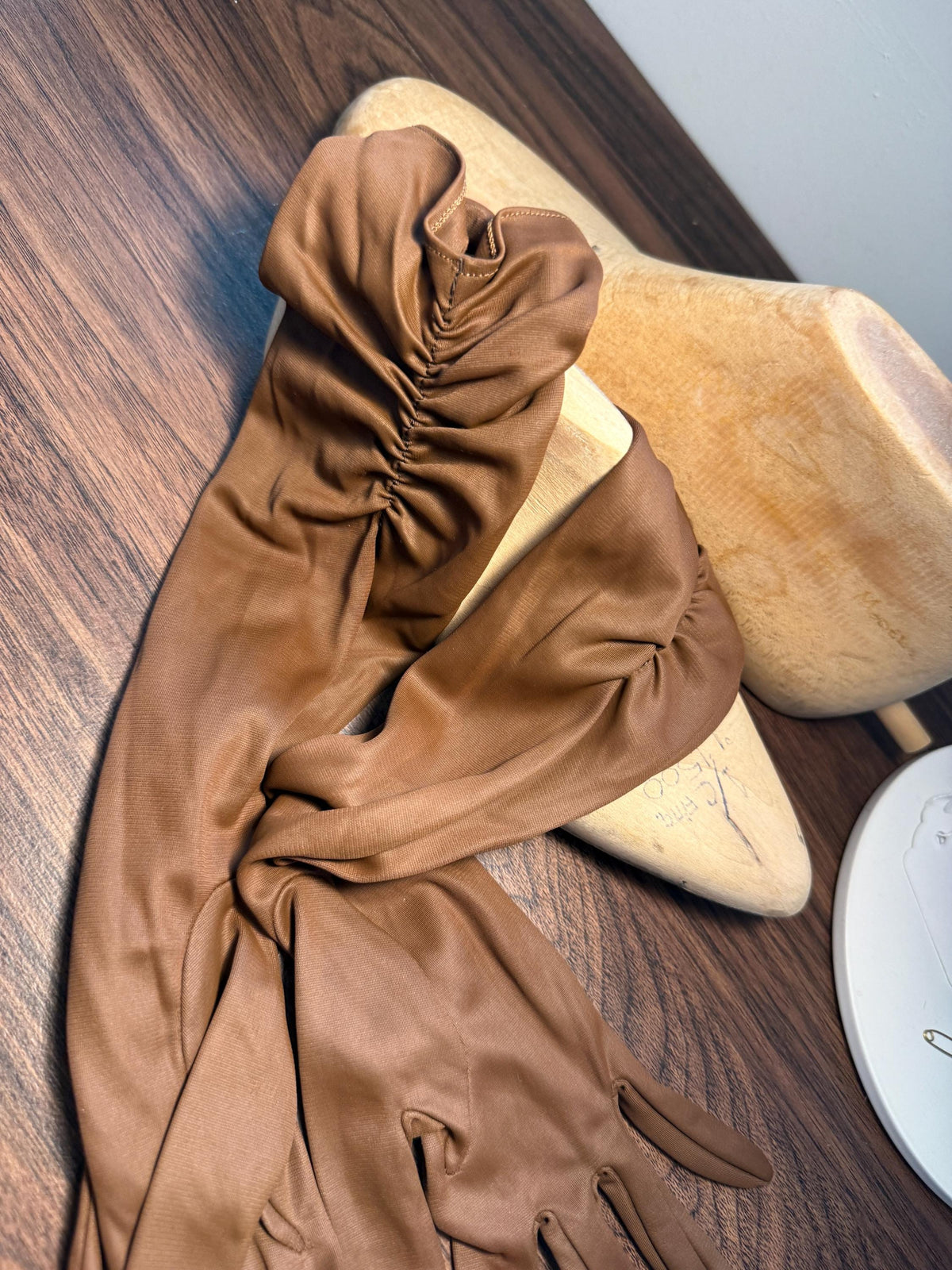 Vintage Brown Long Evening Gloves with Ruched Cuffs | Opera Gloves