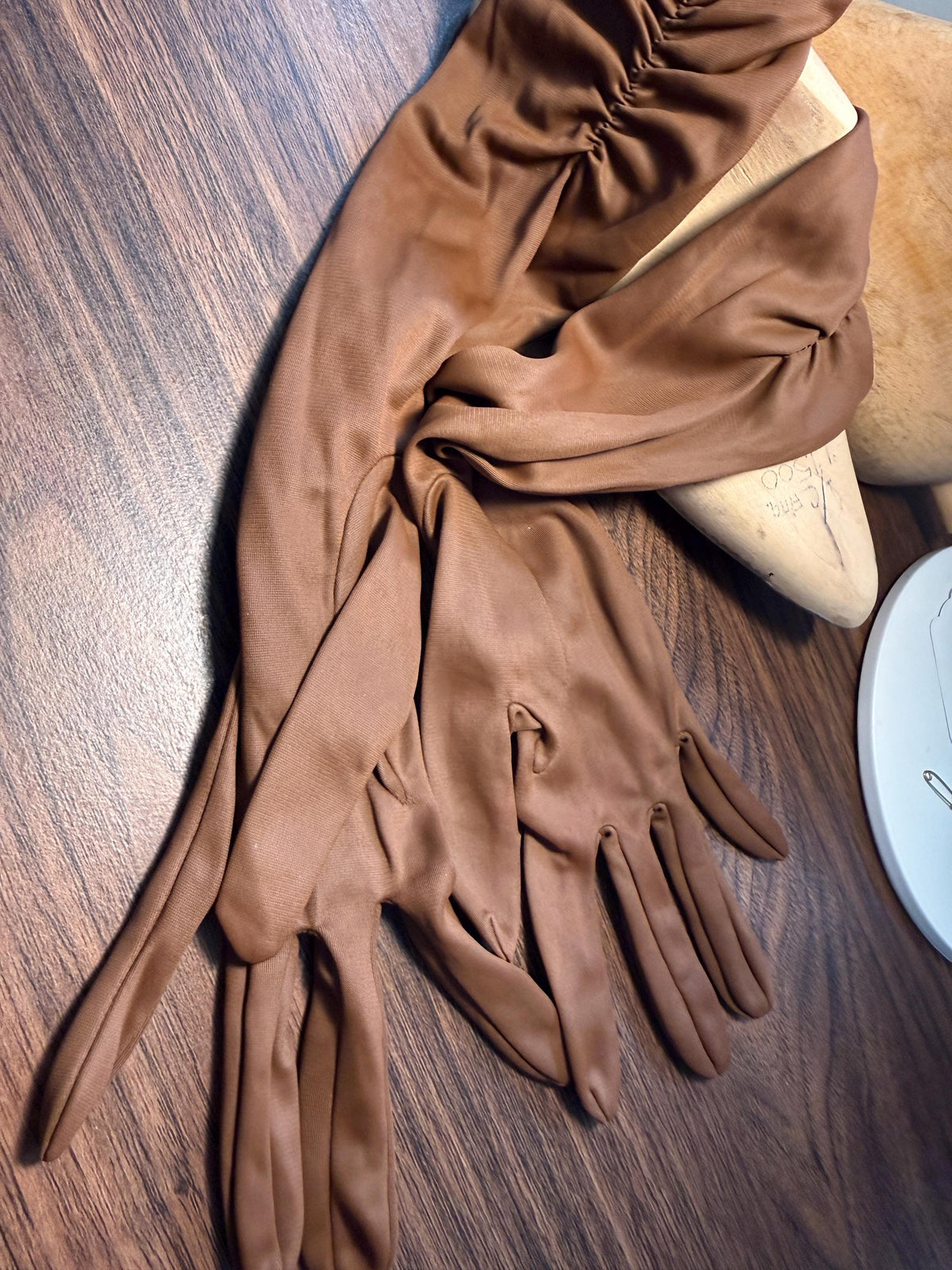 Vintage Brown Long Evening Gloves with Ruched Cuffs | Opera Gloves