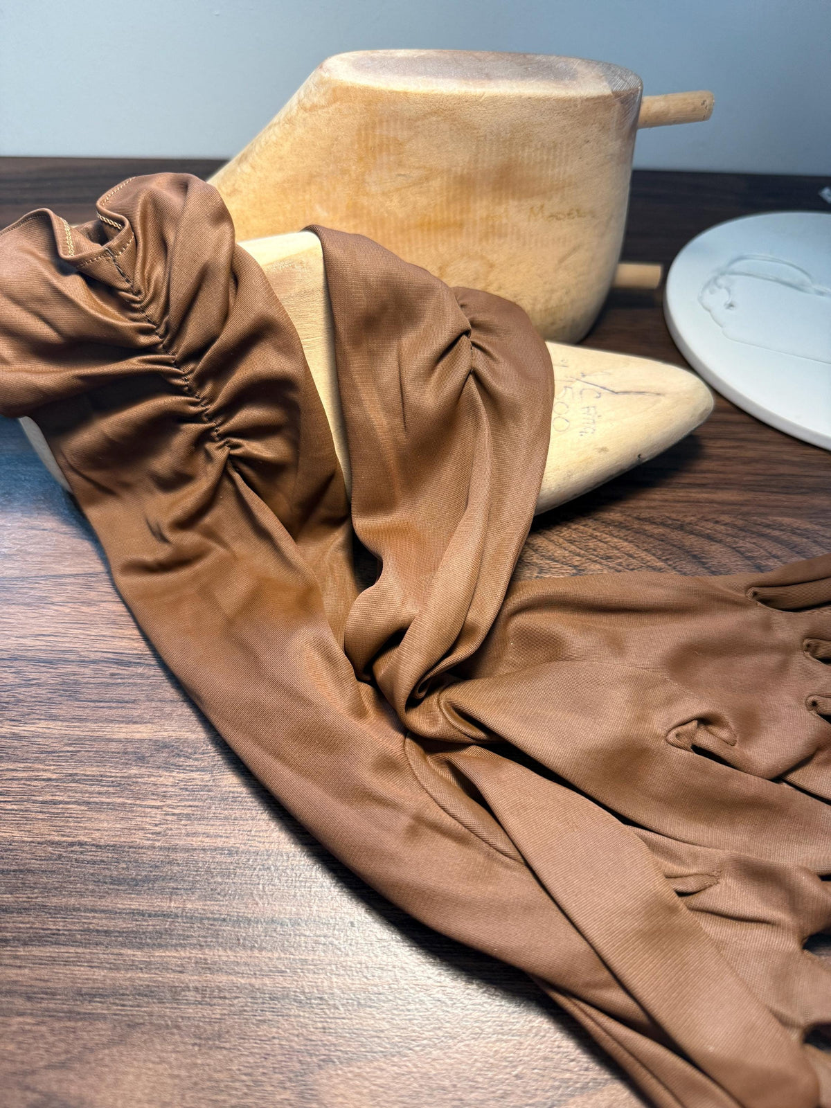Vintage Brown Long Evening Gloves with Ruched Cuffs | Opera Gloves