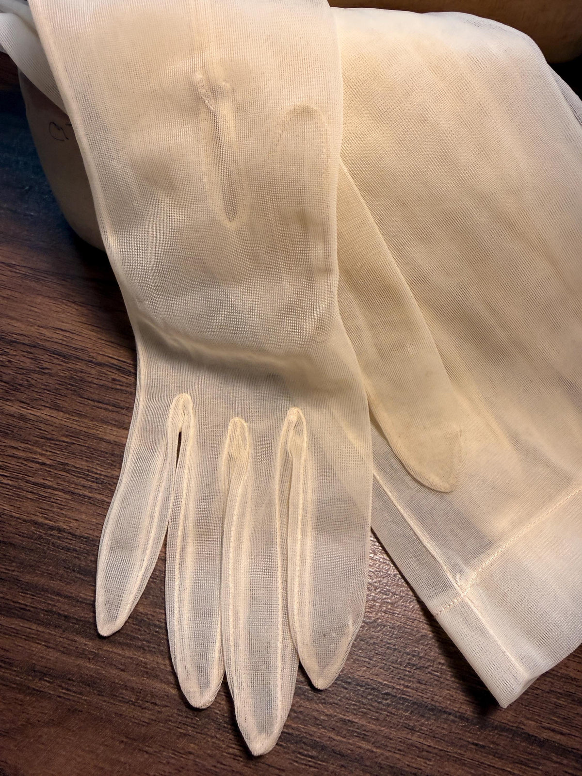 Title: Vintage Sheer Ivory Long Gloves with Button Detail | Cream Evening Gloves