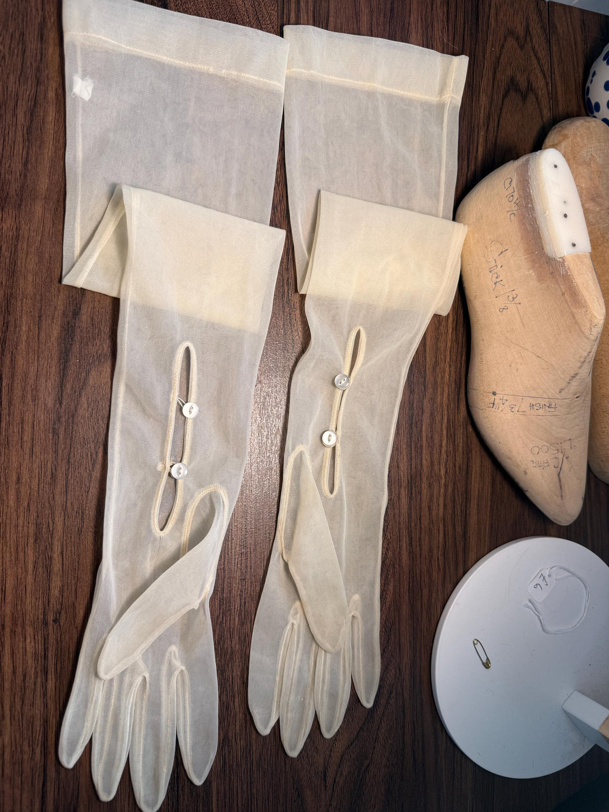 Title: Vintage Sheer Ivory Long Gloves with Button Detail | Cream Evening Gloves