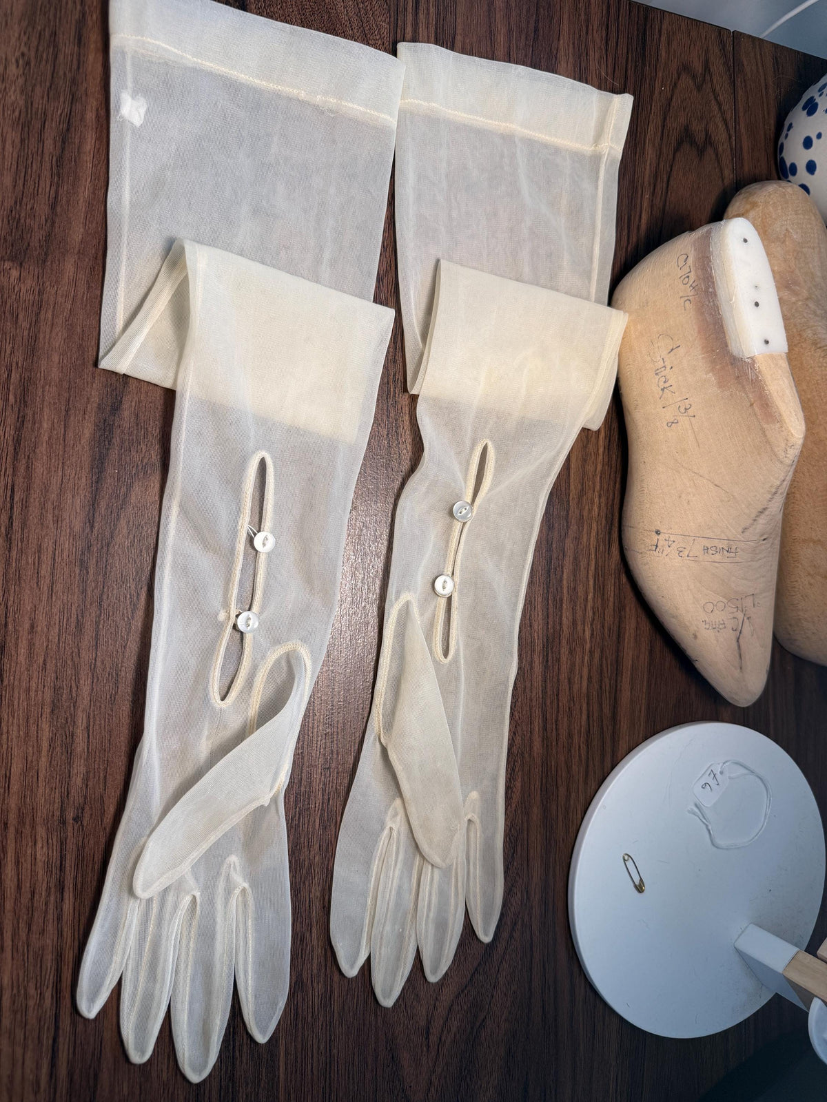 Title: Vintage Sheer Ivory Long Gloves with Button Detail | Cream Evening Gloves