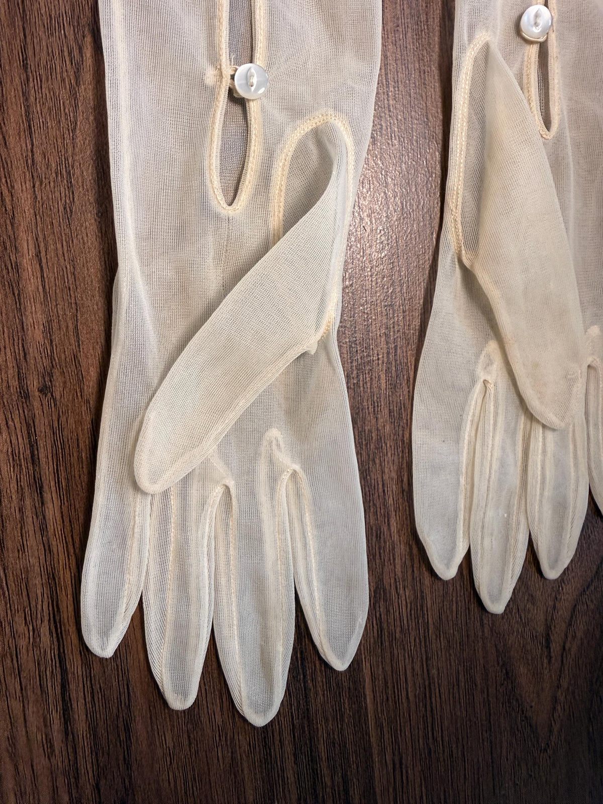 Title: Vintage Sheer Ivory Long Gloves with Button Detail | Cream Evening Gloves