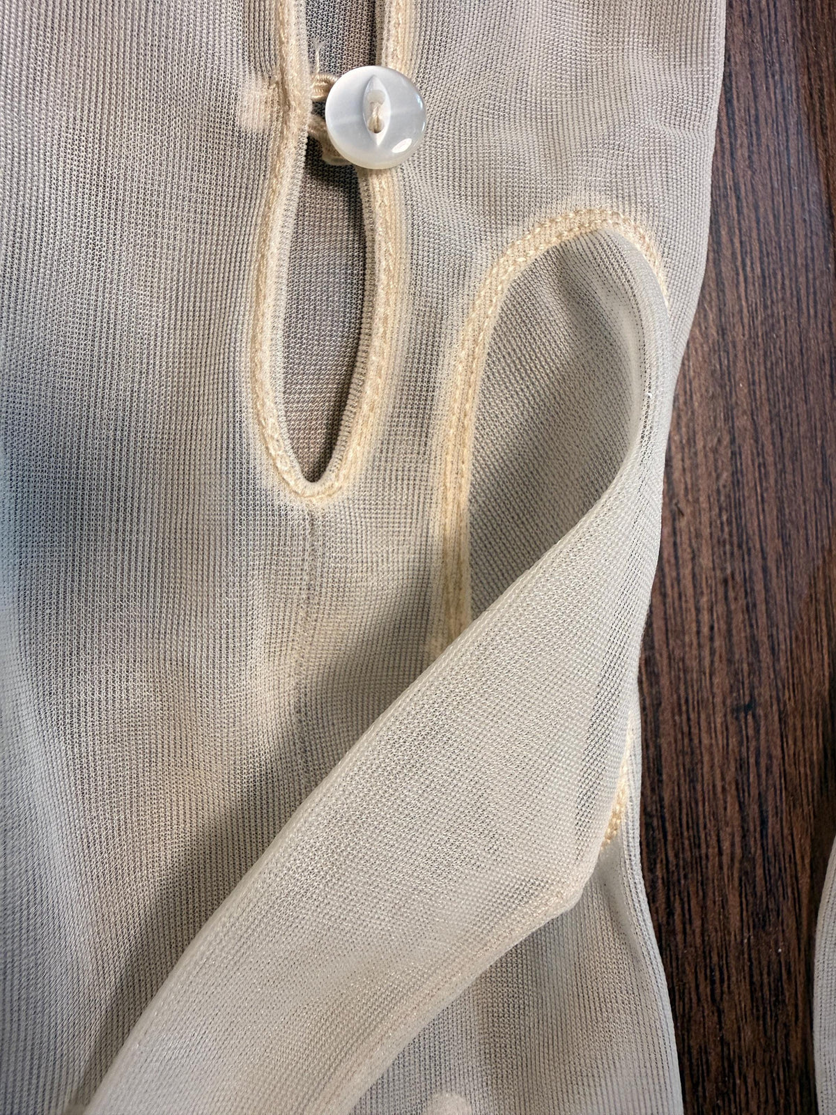 Title: Vintage Sheer Ivory Long Gloves with Button Detail | Cream Evening Gloves