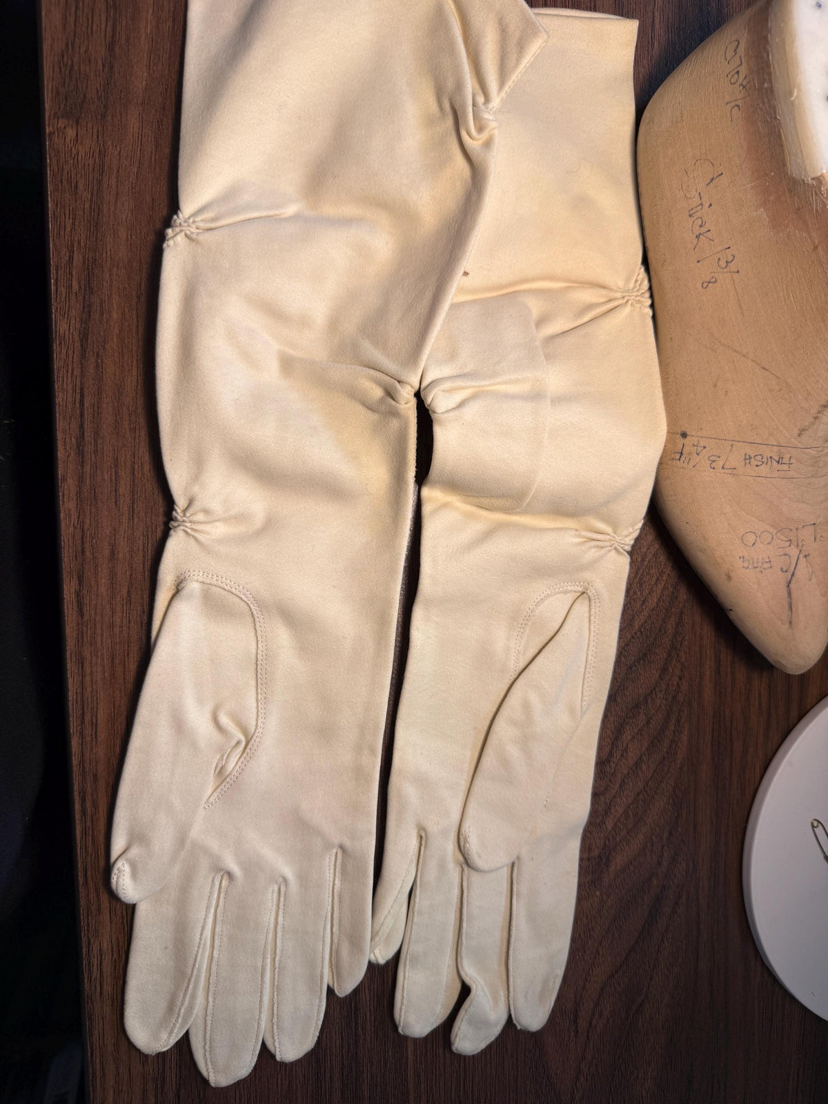 Vintage Ivory Long Gloves with Embroidered Cuffs | Cream Evening Gloves