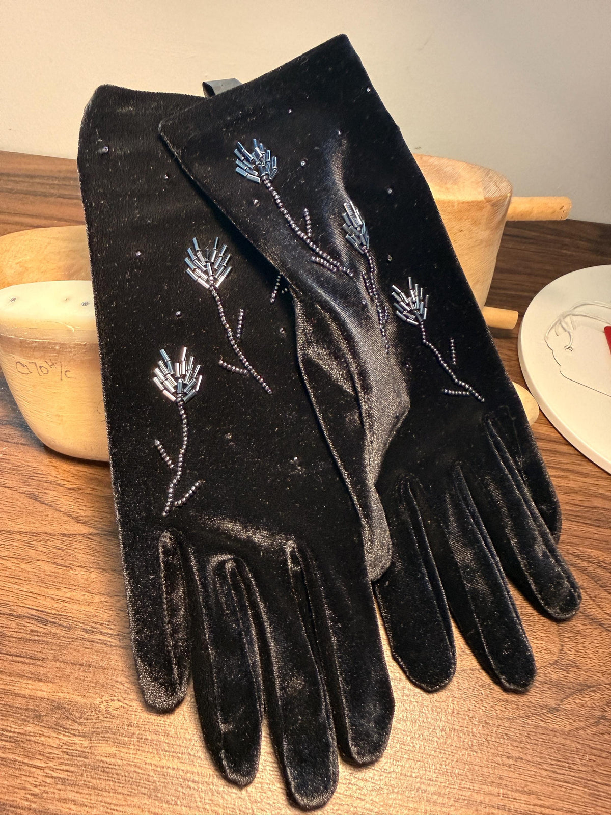 Vintage Black Velvet Gloves with Beaded Floral Design | Evening Gloves