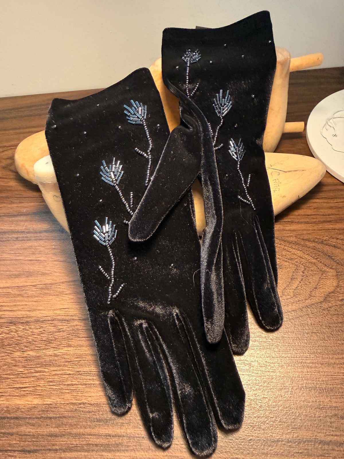Vintage Black Velvet Gloves with Beaded Floral Design | Evening Gloves