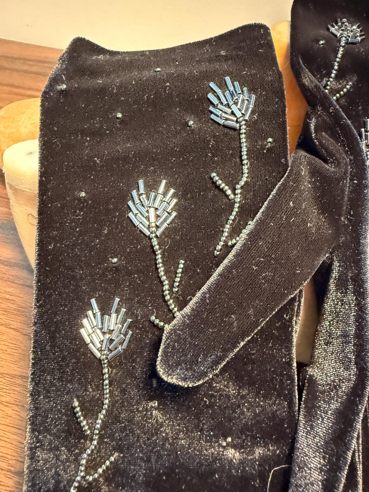 Vintage Black Velvet Gloves with Beaded Floral Design | Evening Gloves