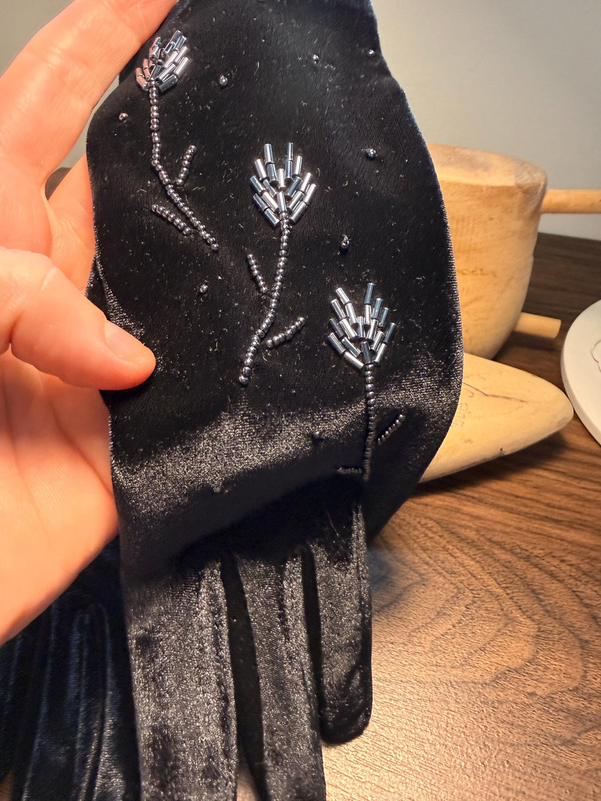 Vintage Black Velvet Gloves with Beaded Floral Design | Evening Gloves