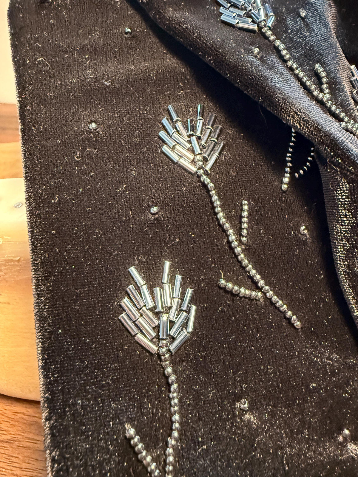 Vintage Black Velvet Gloves with Beaded Floral Design | Evening Gloves