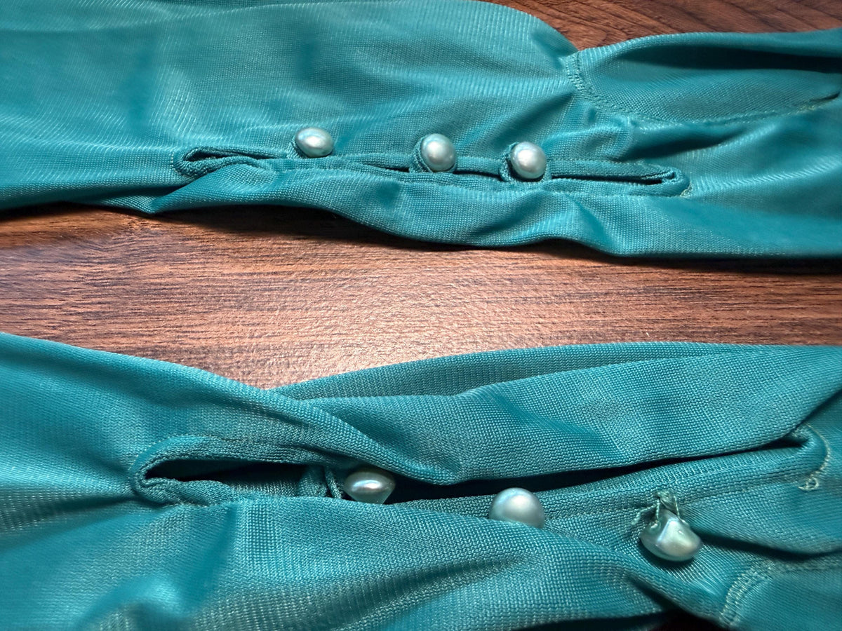 Vintage Turquoise Opera Gloves with Pearl Buttons | Long Teal Evening Gloves