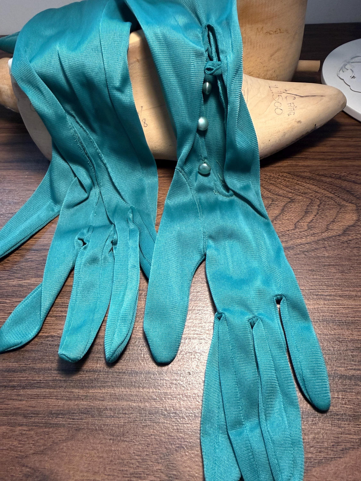 Vintage Turquoise Opera Gloves with Pearl Buttons | Long Teal Evening Gloves
