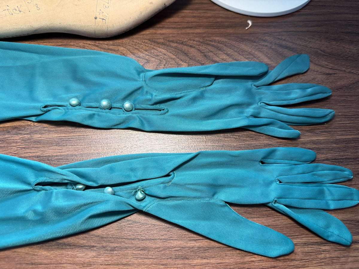 Vintage Turquoise Opera Gloves with Pearl Buttons | Long Teal Evening Gloves