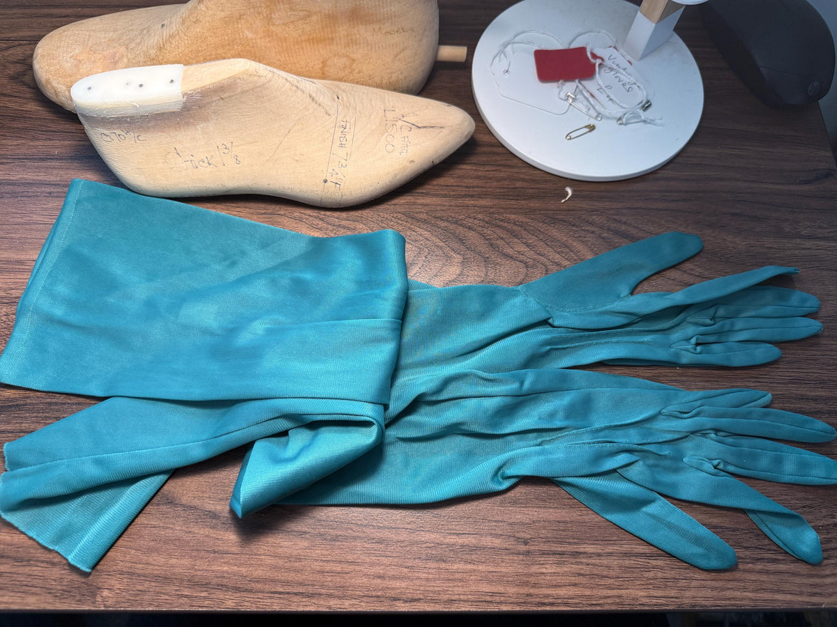 Vintage Turquoise Opera Gloves with Pearl Buttons | Long Teal Evening Gloves