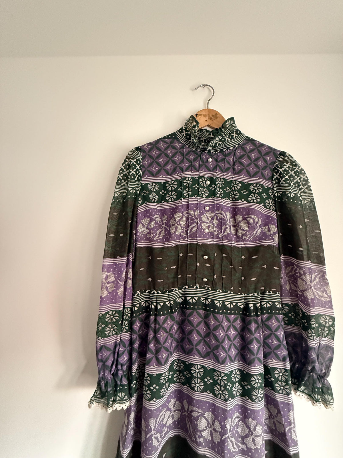 Vintage 1970s Purple and Green Prairie Maxi Dress – Floral Geometric Print, Ruffle Neck