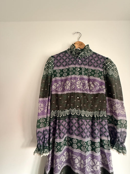 Vintage 1970s Purple and Green Prairie Maxi Dress – Floral Geometric Print, Ruffle Neck