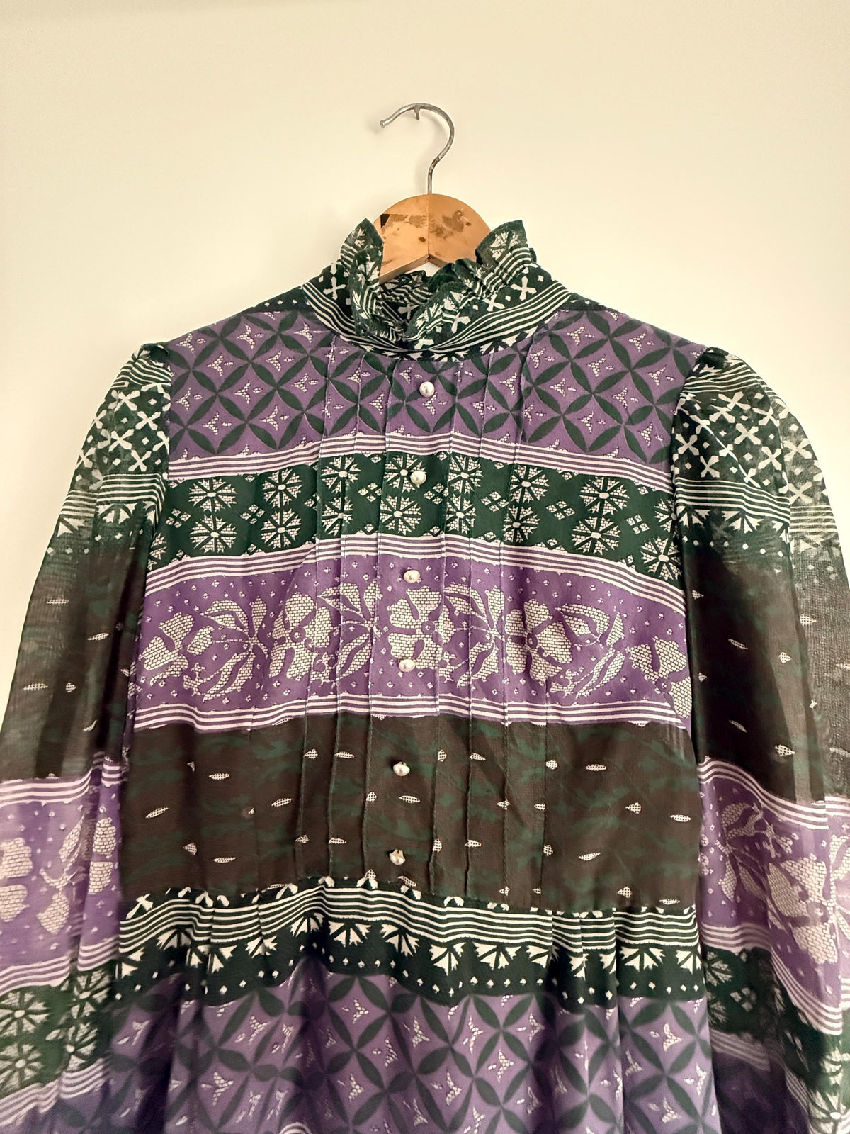 Vintage 1970s Purple and Green Prairie Maxi Dress – Floral Geometric Print, Ruffle Neck
