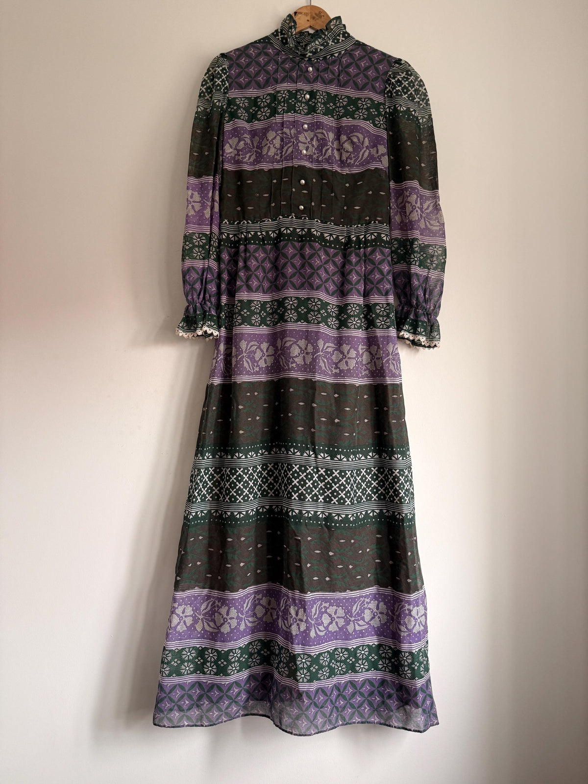 Vintage 1970s Purple and Green Prairie Maxi Dress – Floral Geometric Print, Ruffle Neck