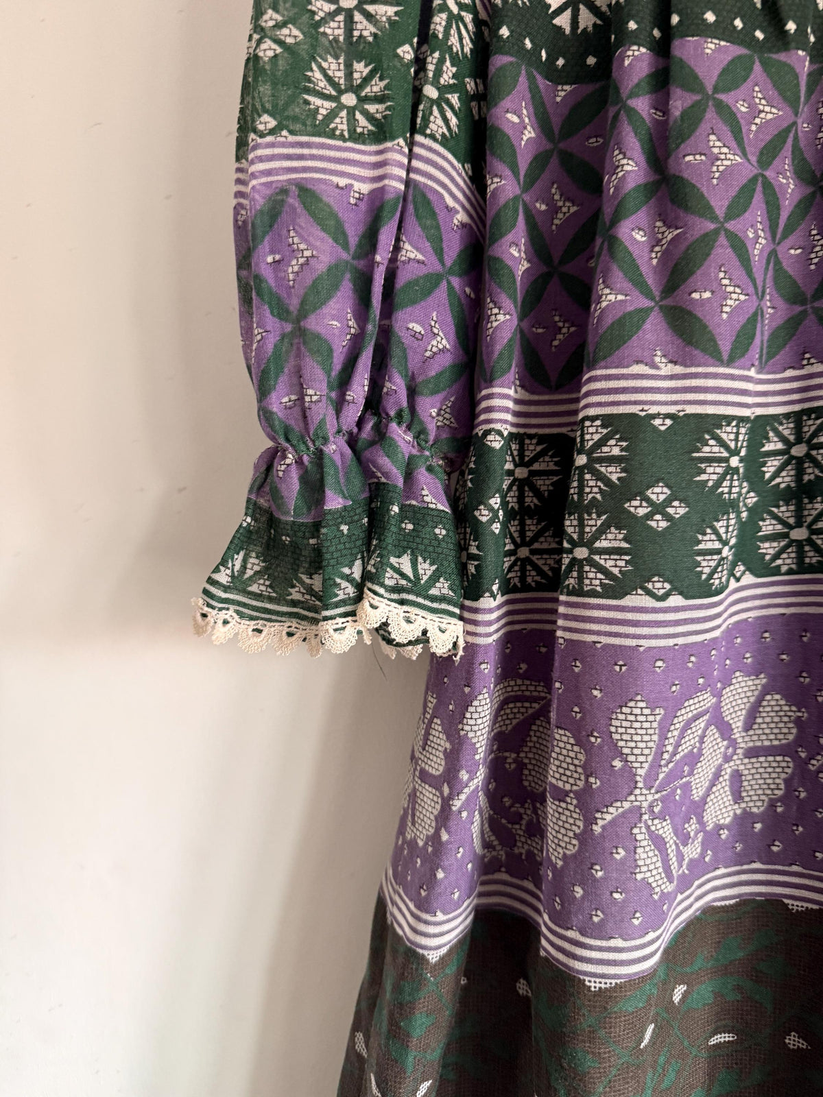 Vintage 1970s Purple and Green Prairie Maxi Dress – Floral Geometric Print, Ruffle Neck