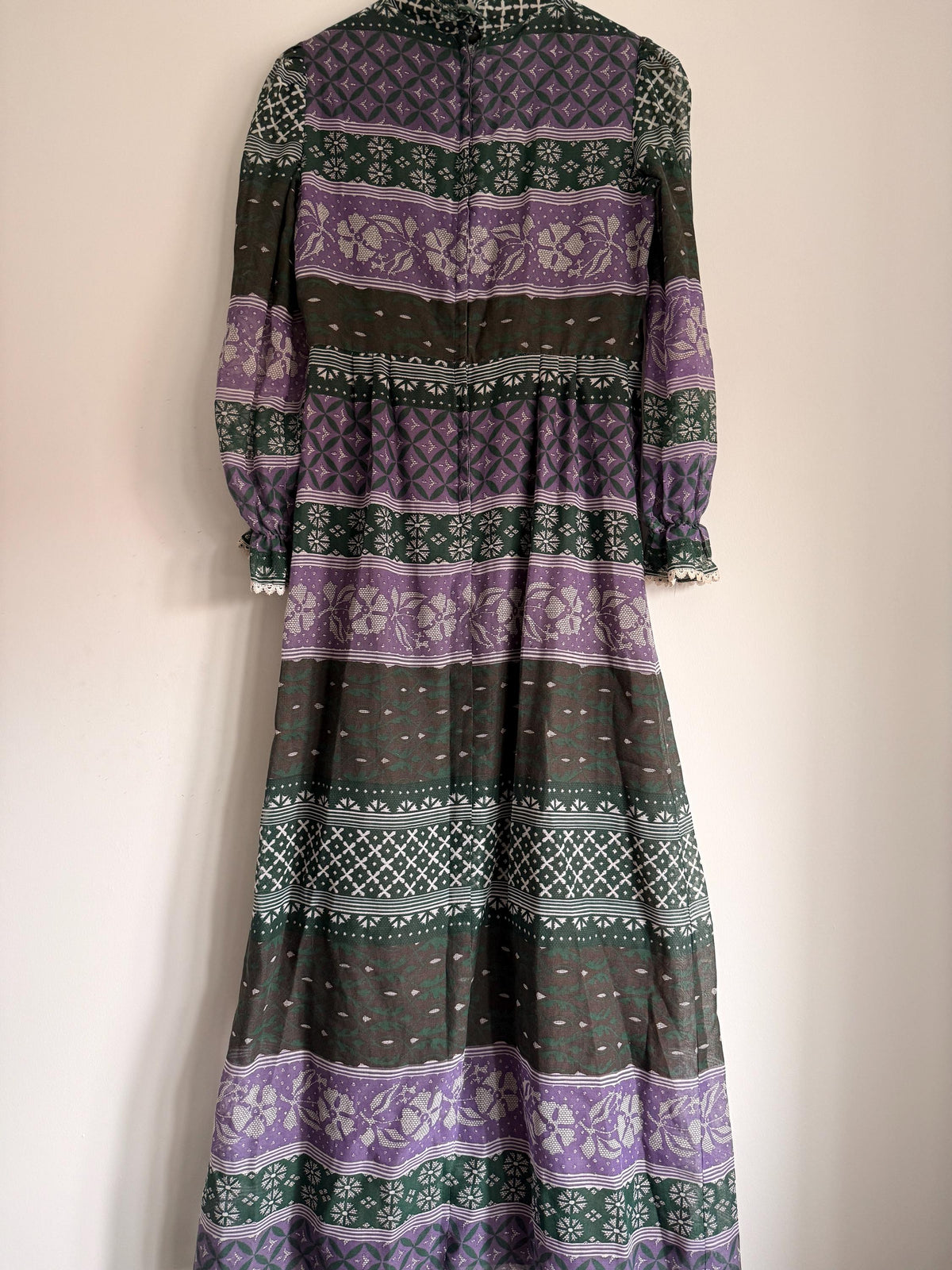 Vintage 1970s Purple and Green Prairie Maxi Dress – Floral Geometric Print, Ruffle Neck