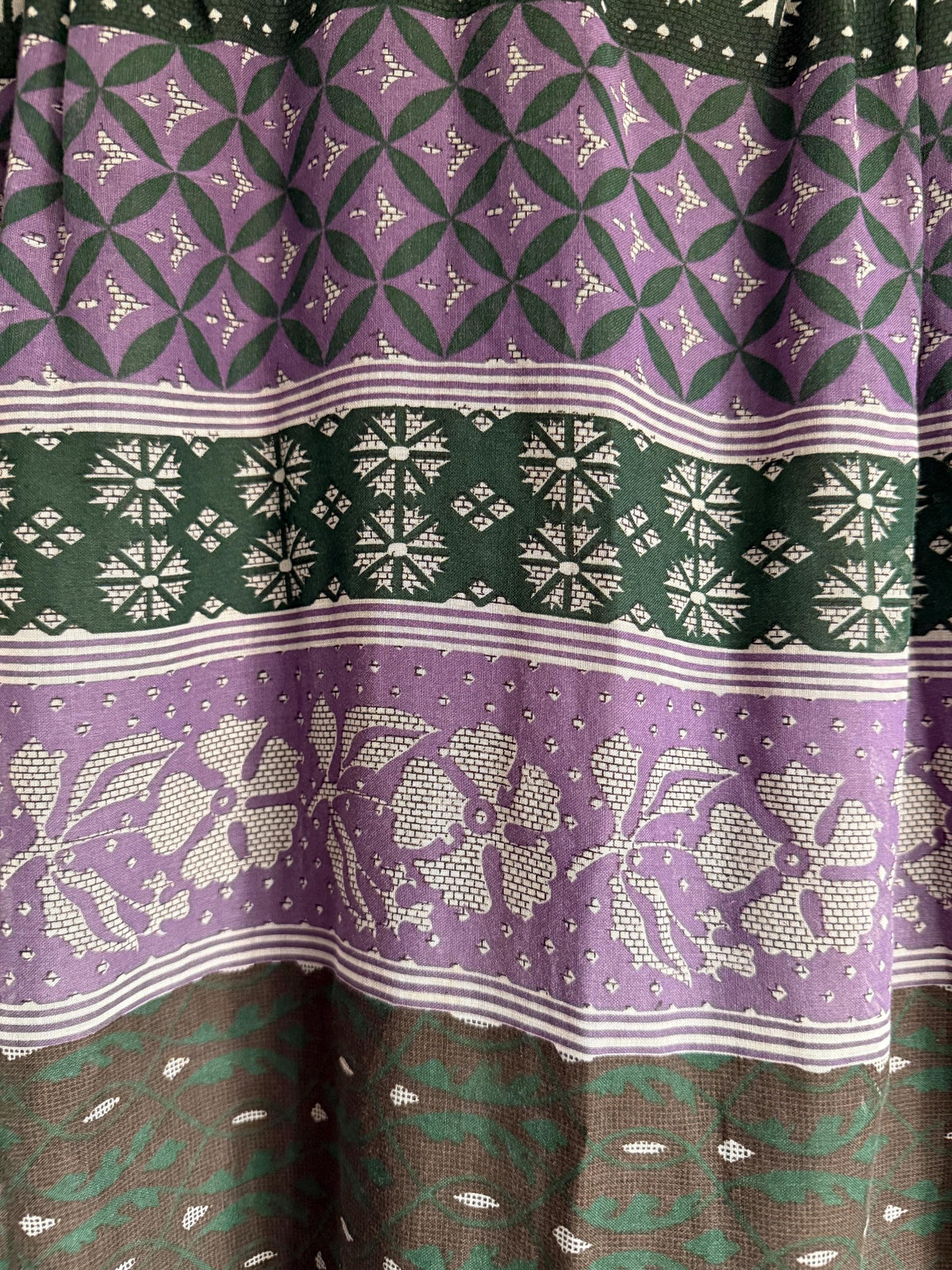 Vintage 1970s Purple and Green Prairie Maxi Dress – Floral Geometric Print, Ruffle Neck