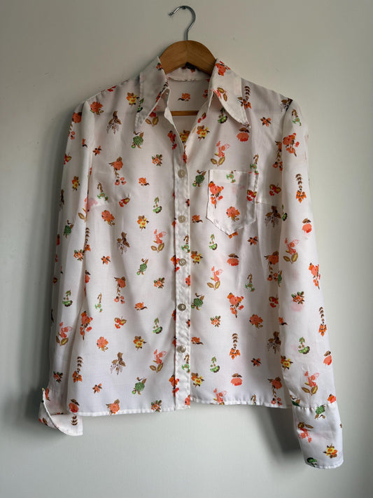 Vintage 1970s Floral Blouse – Cream Button Front Shirt with Orange Flowers and Pointed Collar
