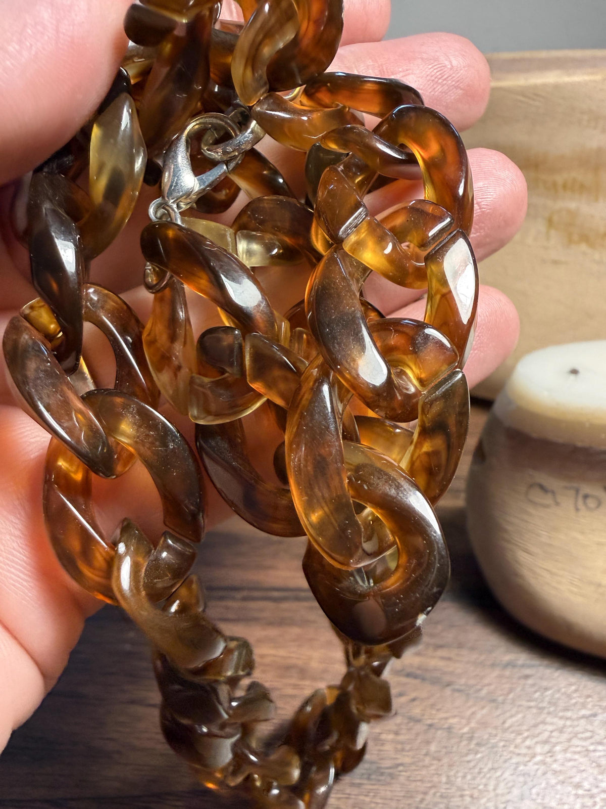 Vintage Faux Tortoiseshell Chain Link Necklace | Long Amber Brown Plastic Statement Jewellery