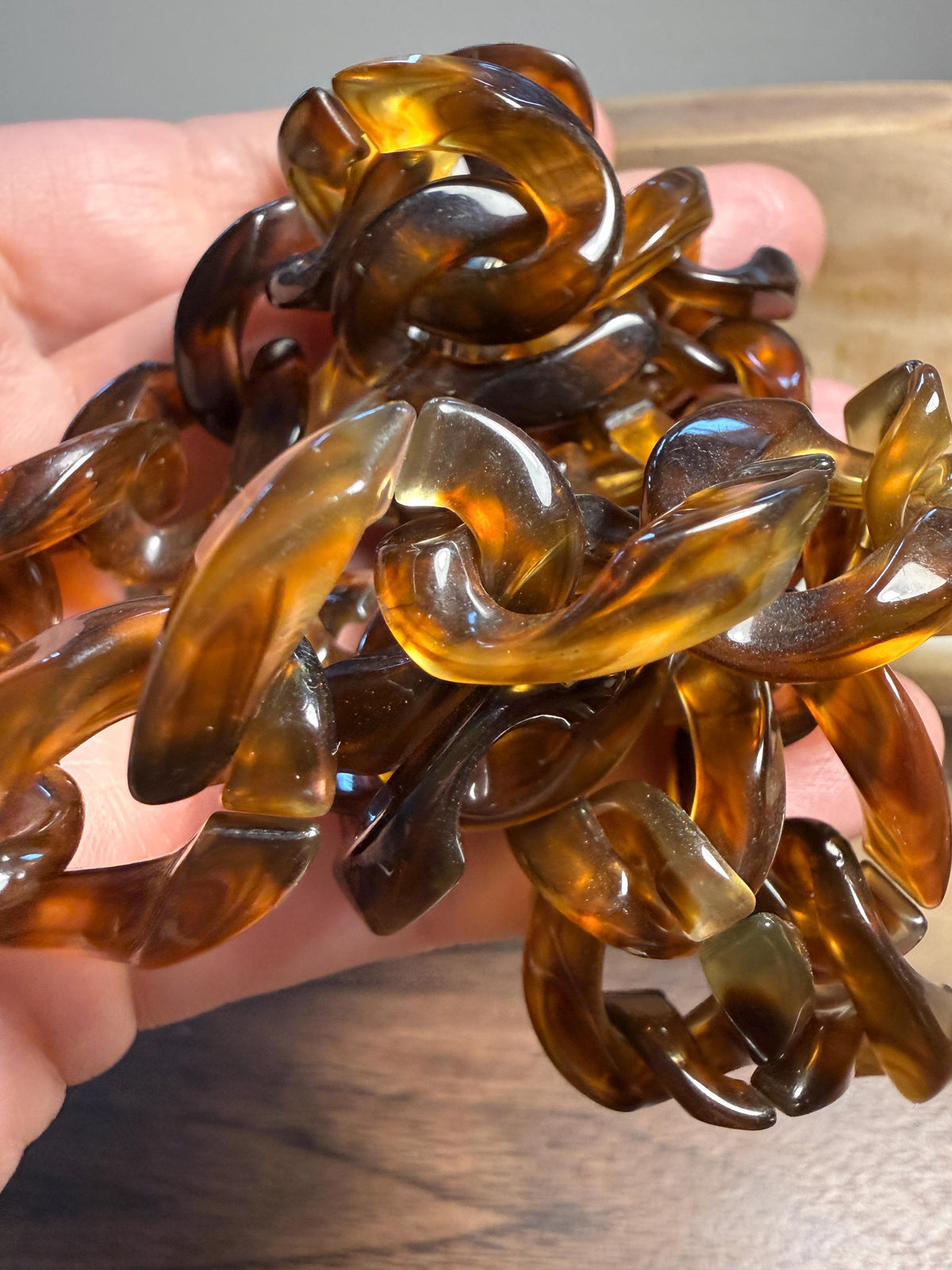 Vintage Faux Tortoiseshell Chain Link Necklace | Long Amber Brown Plastic Statement Jewellery