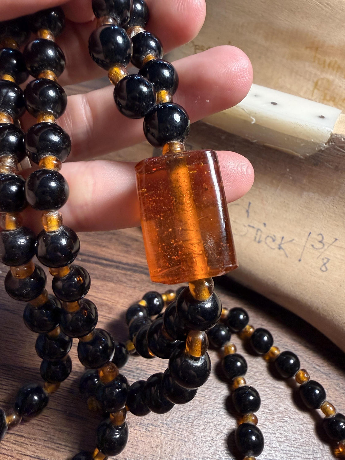 Vintage Long Black Glass Bead Necklace with Amber-Coloured Beads | Statement Costume Jewellery