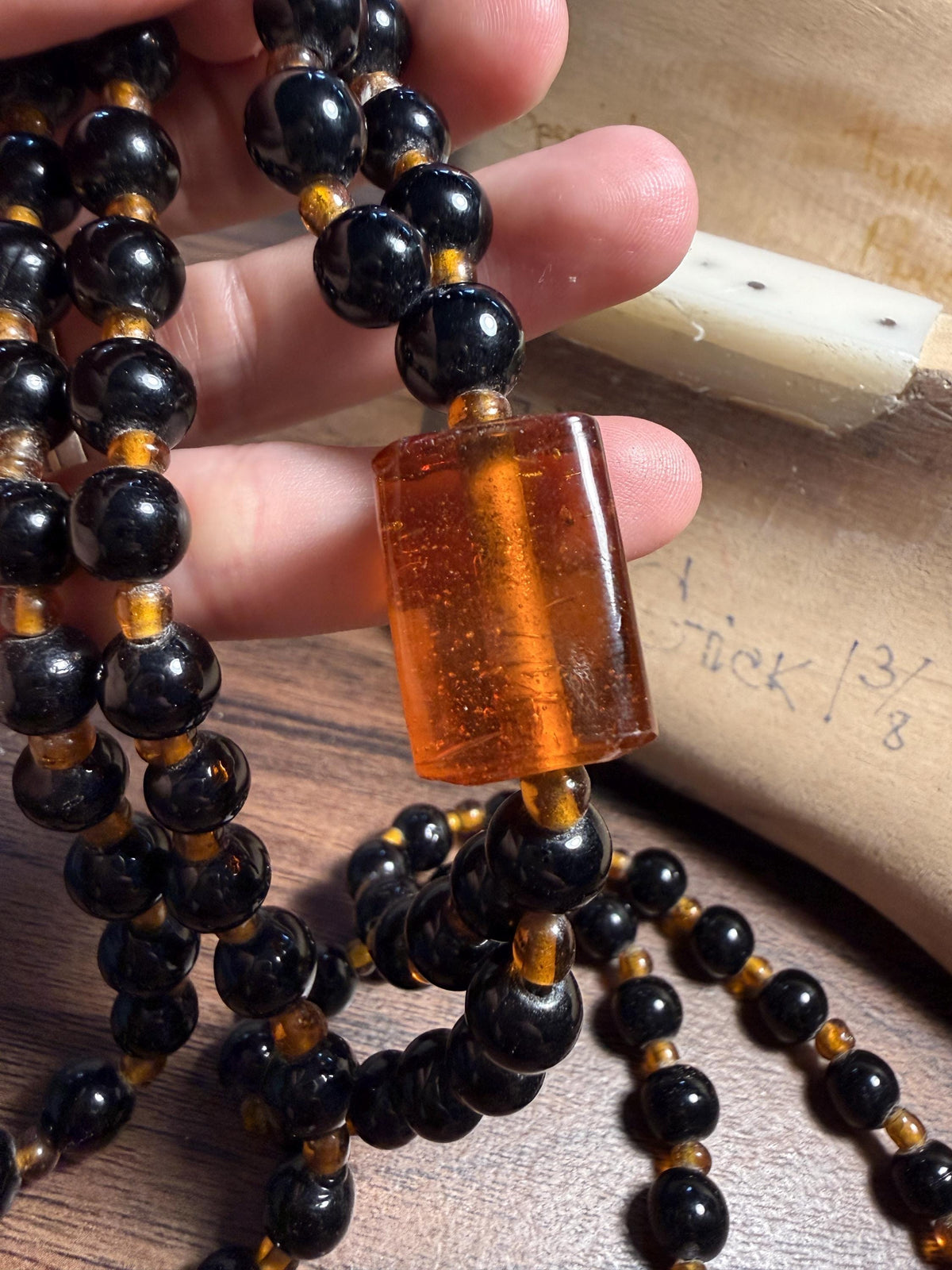 Vintage Long Black Glass Bead Necklace with Amber-Coloured Beads | Statement Costume Jewellery