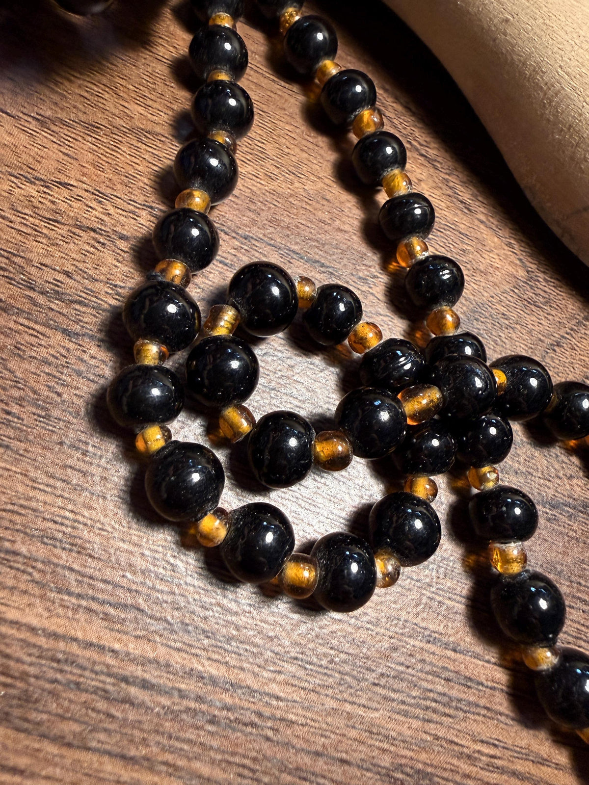 Vintage Long Black Glass Bead Necklace with Amber-Coloured Beads | Statement Costume Jewellery