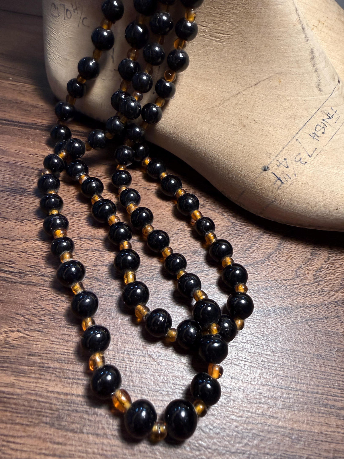 Vintage Long Black Glass Bead Necklace with Amber-Coloured Beads | Statement Costume Jewellery