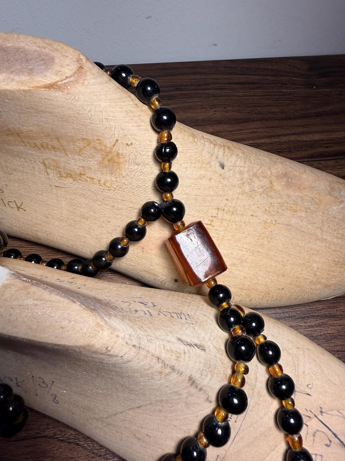 Vintage Long Black Glass Bead Necklace with Amber-Coloured Beads | Statement Costume Jewellery